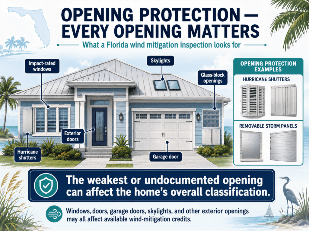 Infographic showing windows, doors, skylights, garage doors, shutters, and storm panels in a Florida wind mitigation inspection