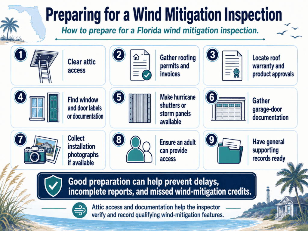 Checklist for preparing a Florida home for a wind mitigation inspection