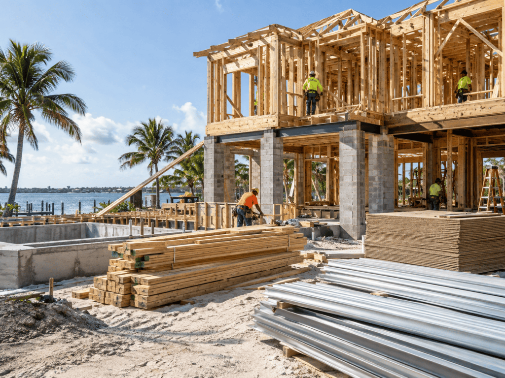 Active Florida construction project with framing, building materials, and contractors working on a structure under construction