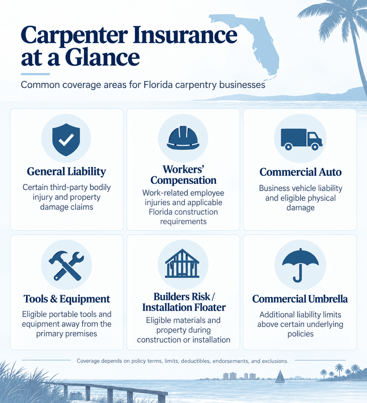 Infographic summarizing General Liability, Workers’ Compensation, Commercial Auto, tools and equipment, Builders Risk or Installation Floater, and Commercial Umbrella coverage for Florida carpentry businesses.