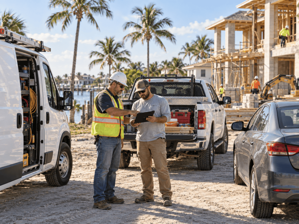 Florida contractors reviewing vehicle use beside a service van, work pickup, and employee-owned car at a construction site