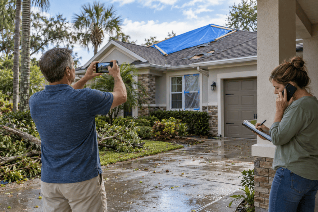 Florida homeowners photographing storm damage and recording claim information outside a home with temporary roof protection