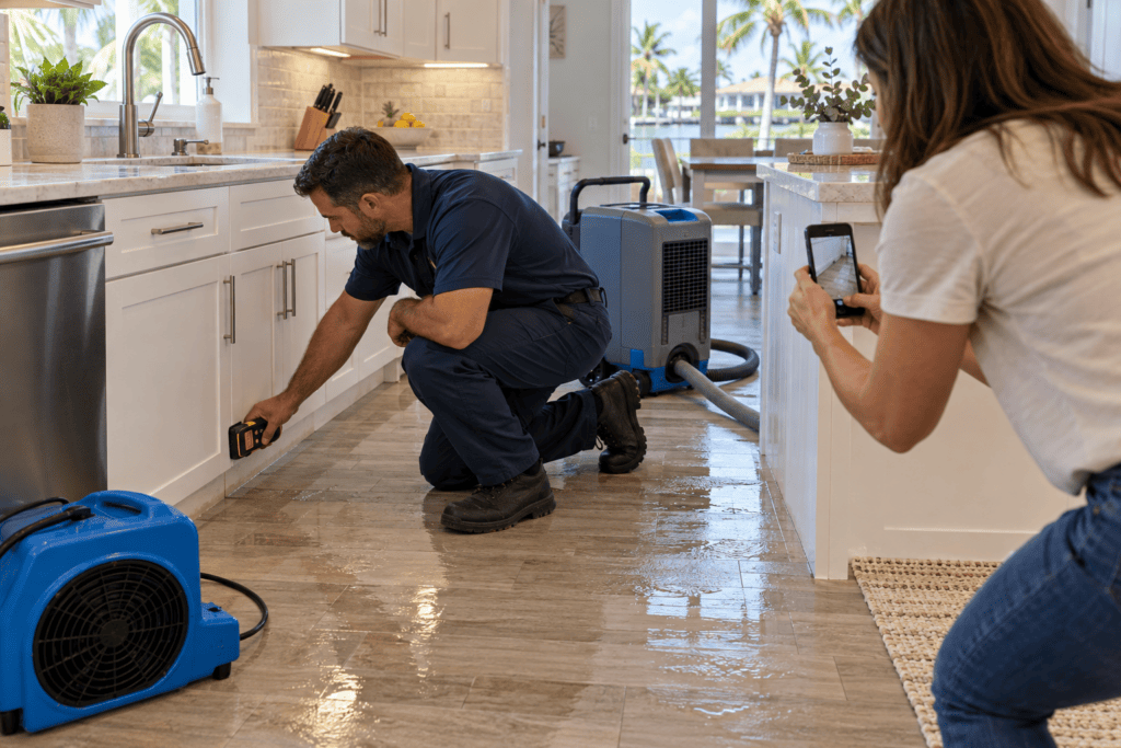 Water-mitigation professional using a moisture meter while a Florida homeowner photographs kitchen water damage