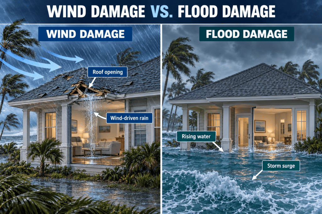 Comparison of wind-created roof damage and wind-driven rain with rising floodwater and storm surge entering a Florida home