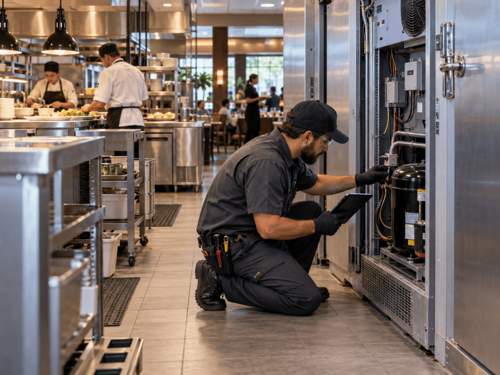 Technician inspecting commercial refrigeration equipment in a restaurant kitchen.