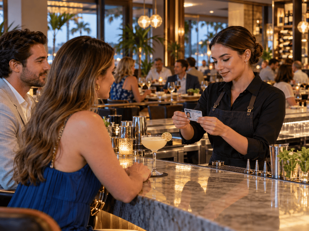 Restaurant bartender checking a customer's identification before serving an alcoholic beverage.