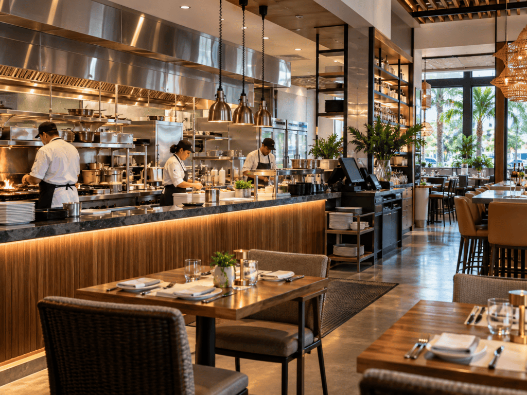 Commercial restaurant kitchen with cooking equipment, refrigeration, ventilation systems, and restaurant furnishings.