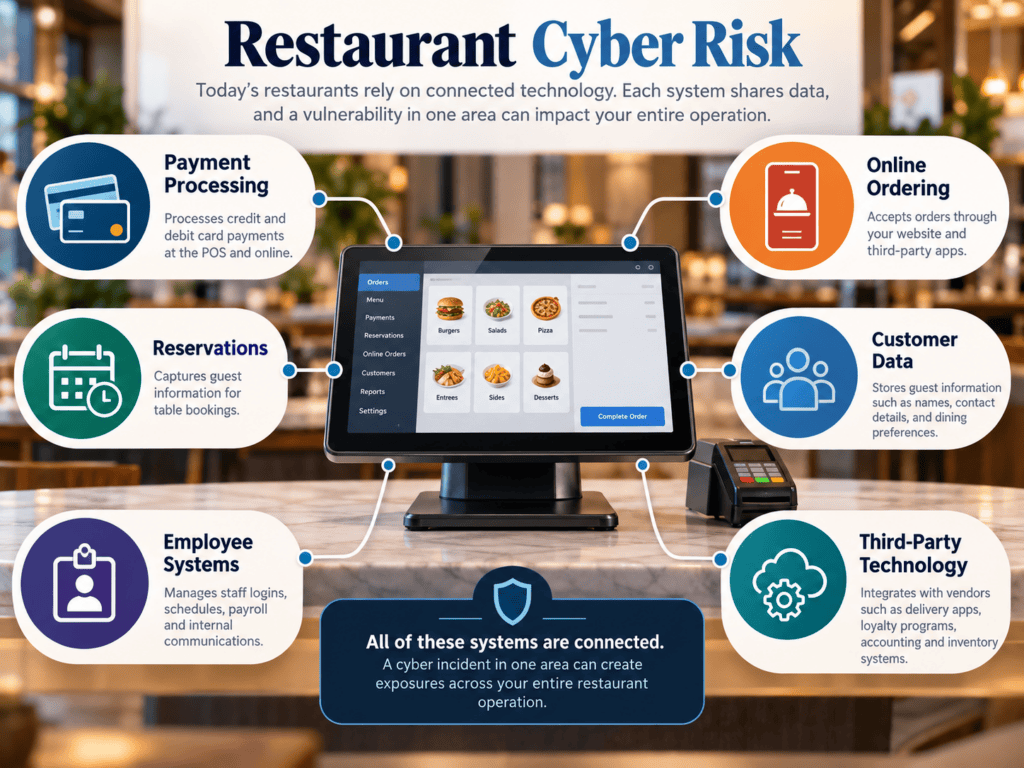 Infographic showing restaurant cyber risks involving POS systems, online ordering, payment processing, reservations, customer data, and third-party technology.